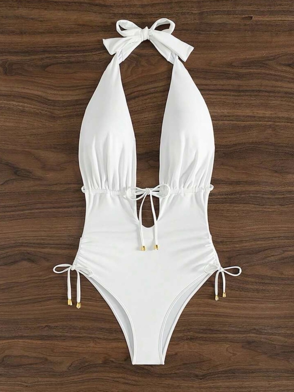 White Halter One-Piece Swimsuit with Front and Side Tie Details